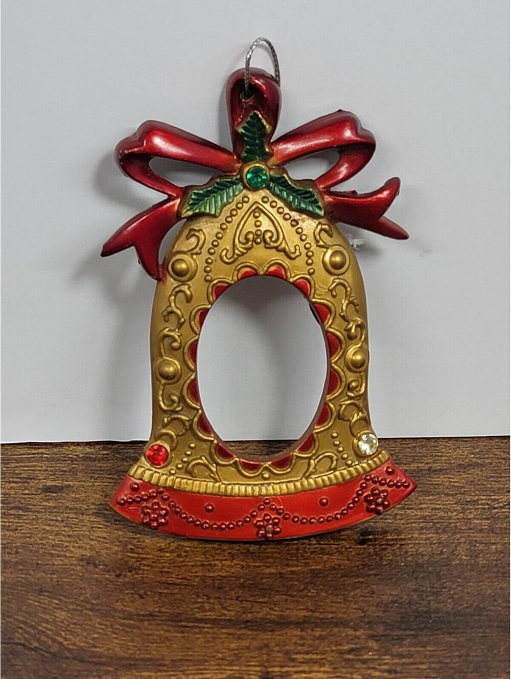 Vintage Christmas Bell Metal Rhinestones Ornament Picture Frame *READ*